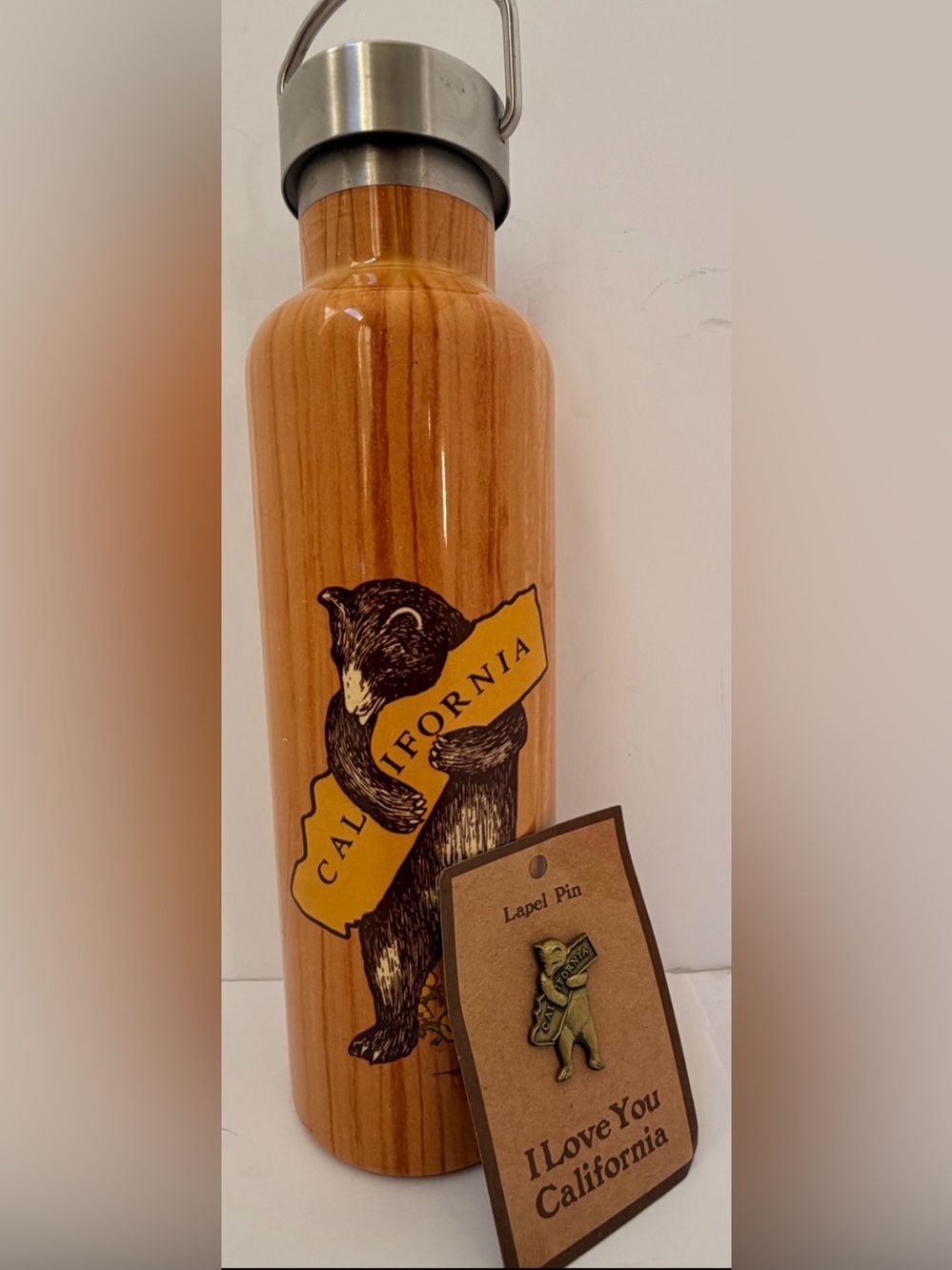 California Bear Woodgrain Stainless Steel Water Bottle & 🐻Label Pin